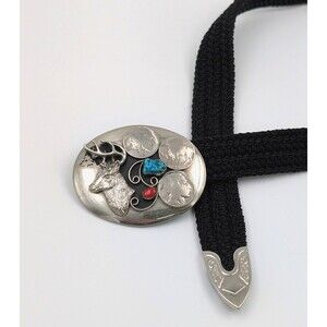 VTG Southwest Belt Buckle Elk Buffalo Nickel Blue Red Stones‎ Sz 36/Large Signed